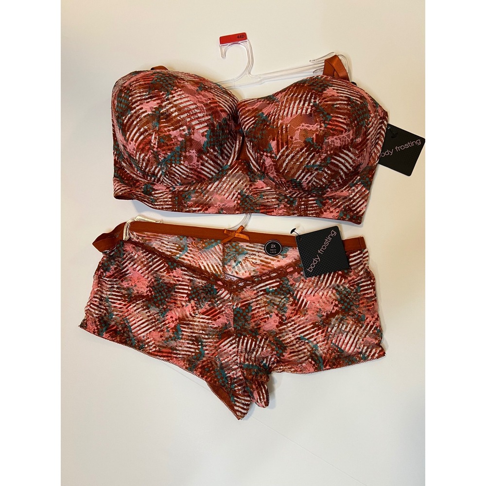 Body Frosting Bra‎ & Panty Set 44D 2X Pink Brown Teal Abstract Lace boyshort